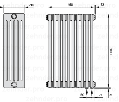 Схема (чертеж) Радиатор Zehnder Charleston 6300/10 №5510 Белый глянцевый RAL 9016